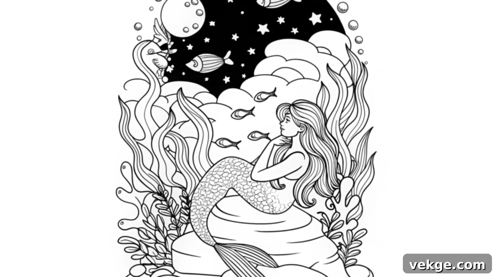 Ariel in a Moonlit Ocean Night Scene