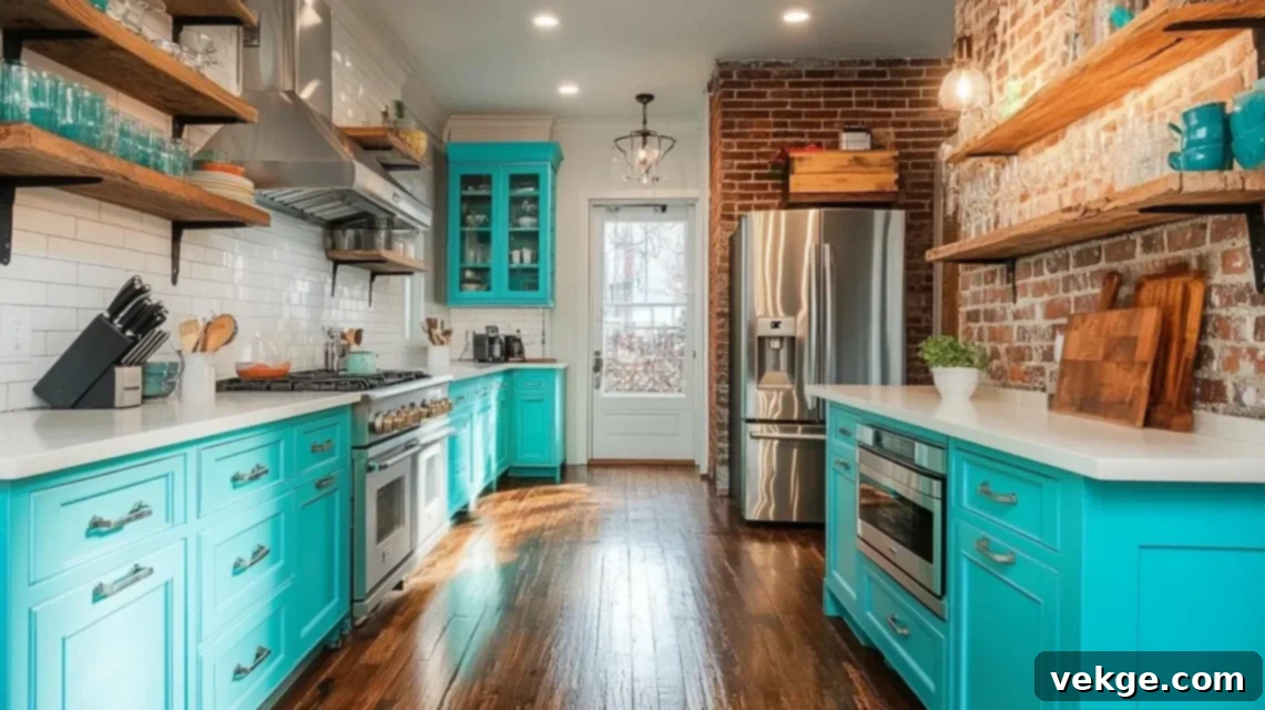 Q-9_Turquoise_Cabinets_with_Dark_Wood_Flooring