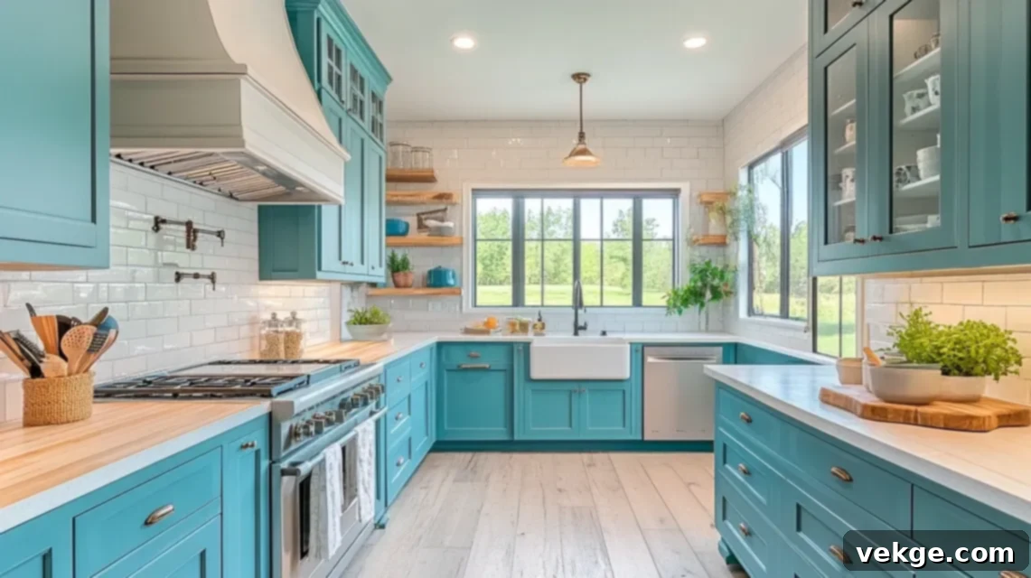 Q-22_Aqua_Blue_Cabinets_with_Whitewashed_Brick_Backsplash