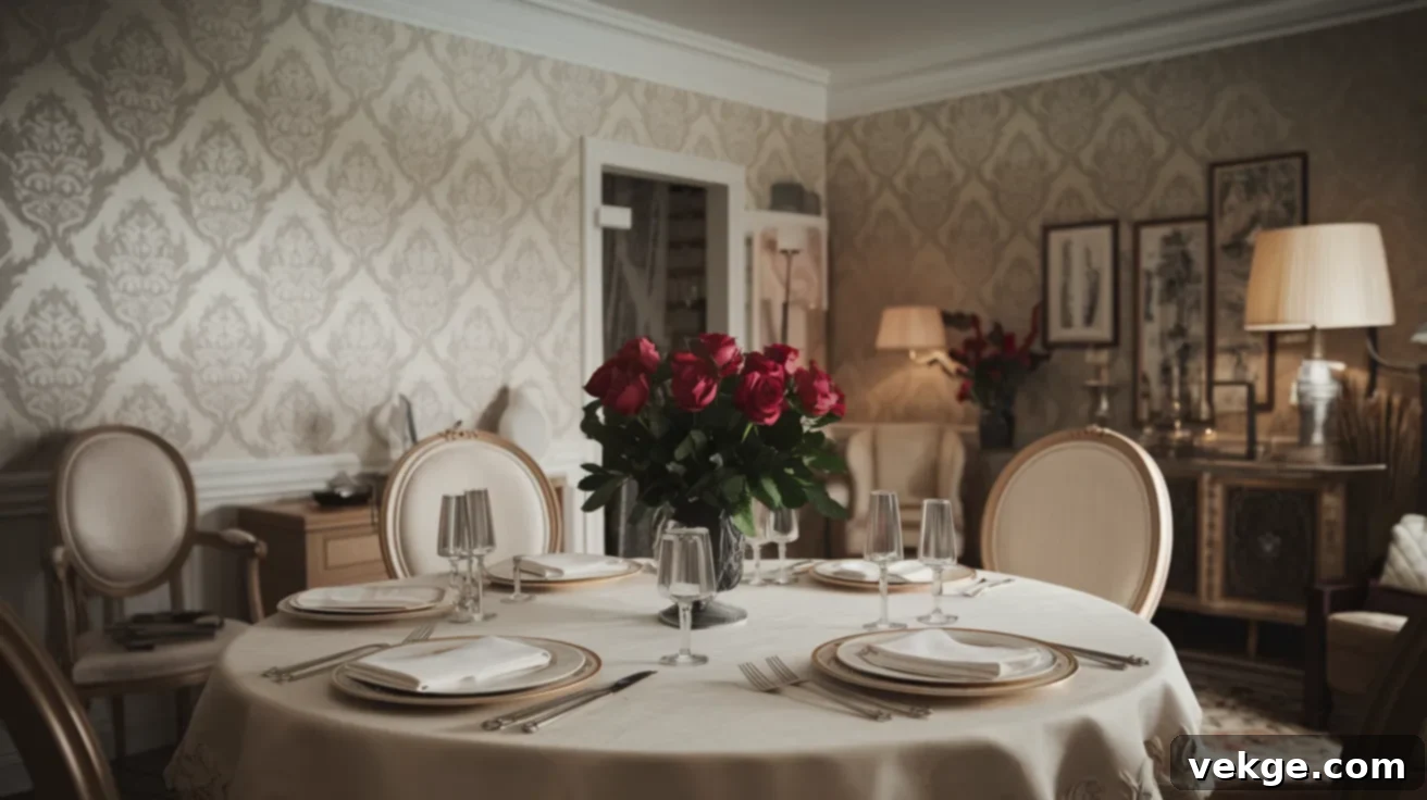 Cream-Toned Damask Wallpaper for Dining Room