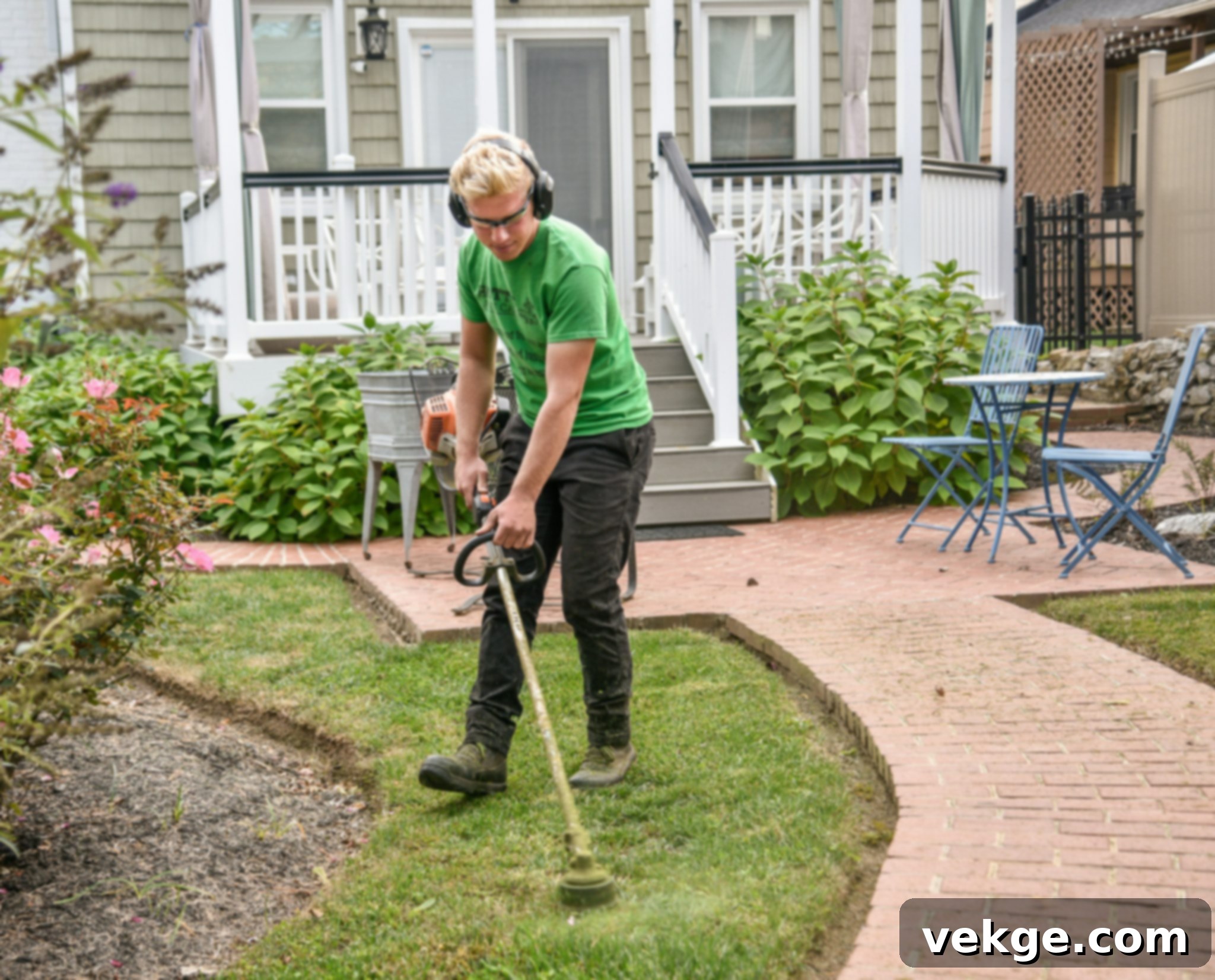 Professional landscapers working in a garden, trimming bushes and maintaining the landscape
