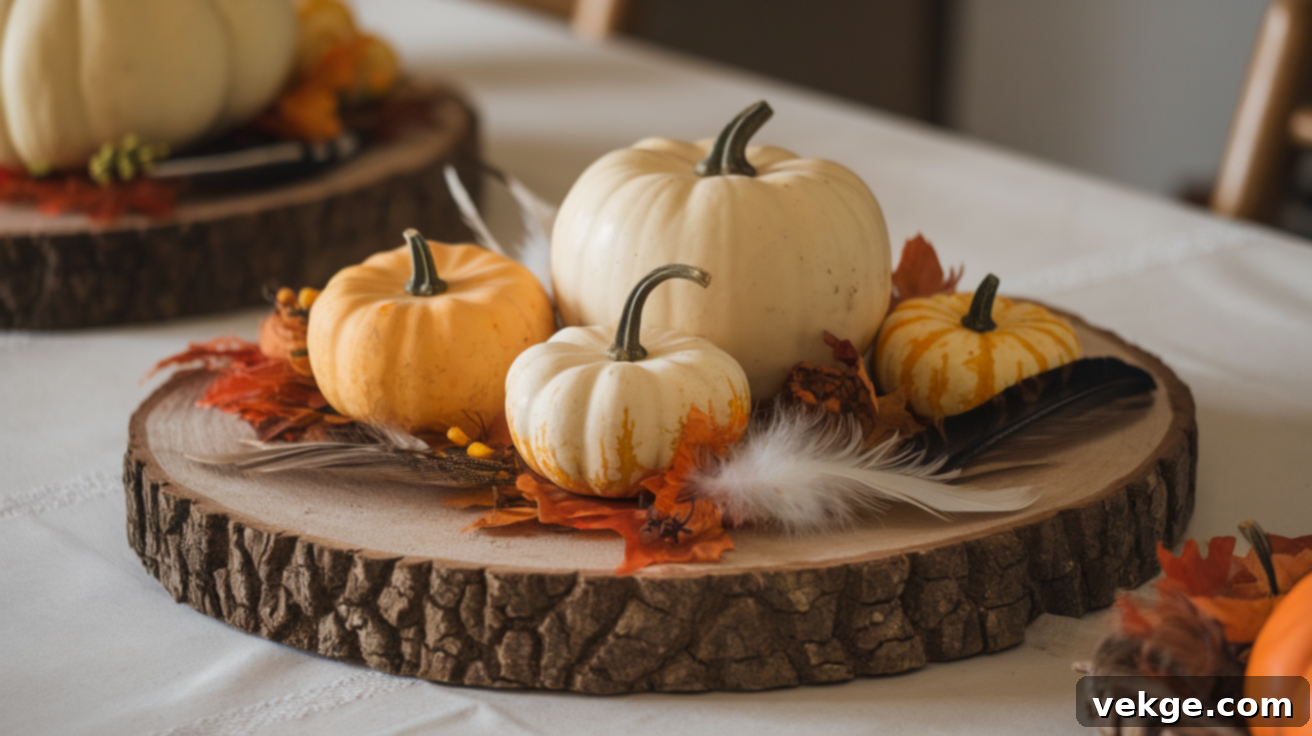 Autumn Dining Table Centerpiece with Pumpkins and Feathers