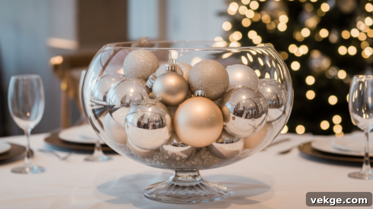 Festive Glass Bowl Filled with Christmas Ornaments