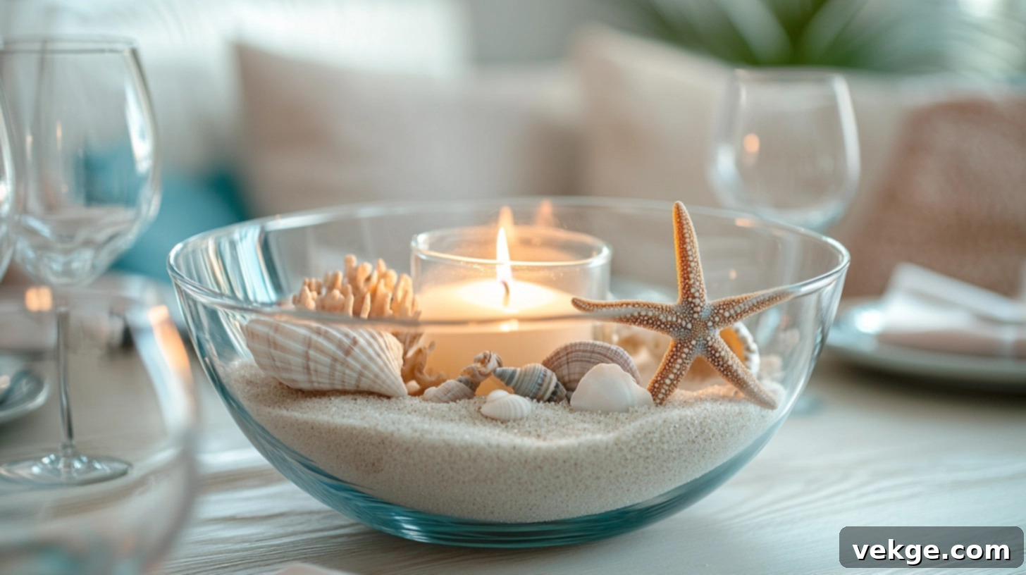 Coastal Summer Centerpiece with Shells and Sand in Glass Bowl