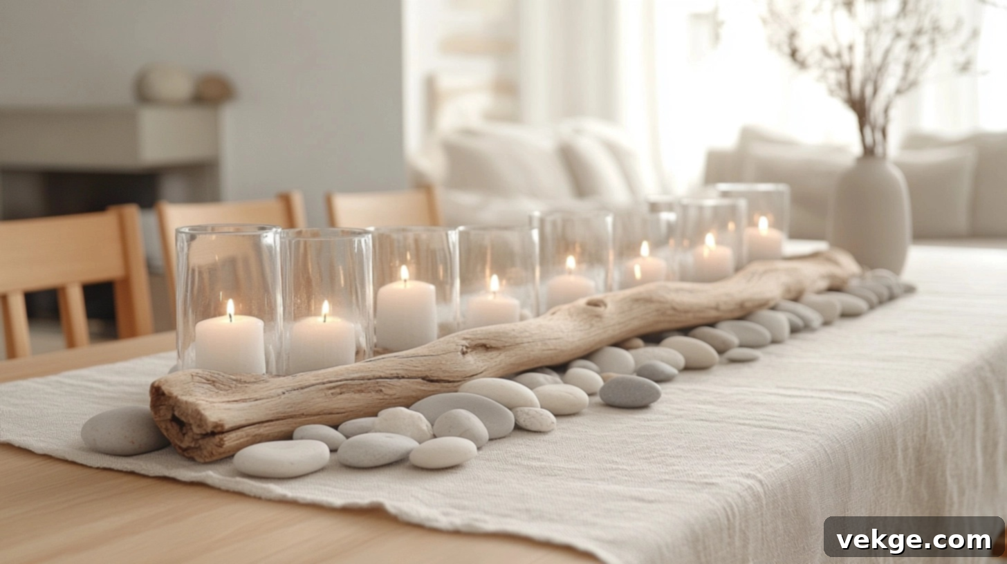 Earthy Driftwood and White Pebbles Centerpiece