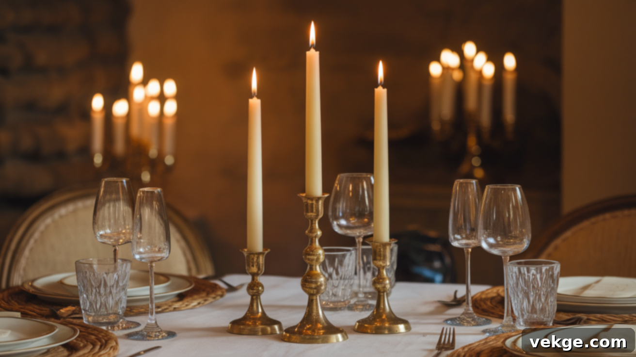 Elegant Brass Candlestick Trio with Cream Taper Candles