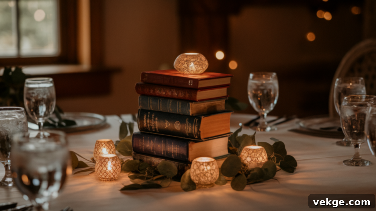 Stacked Vintage Books with Rustic Lantern Centerpiece