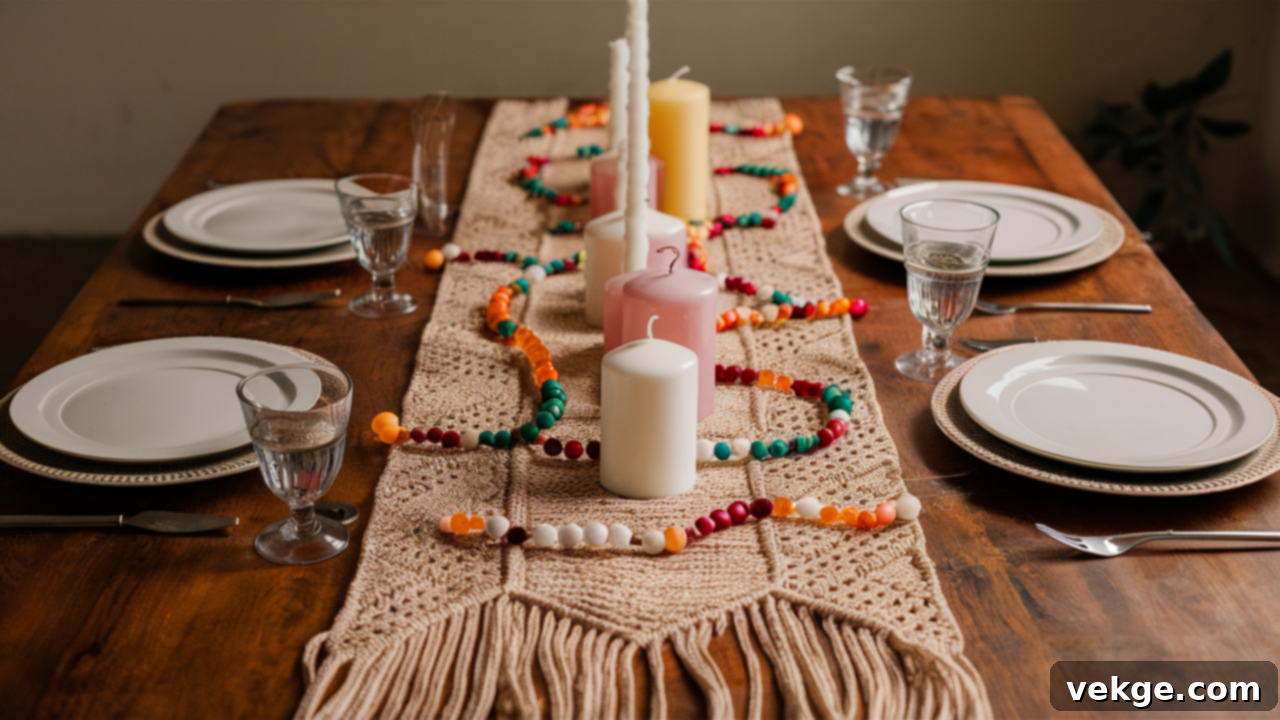 Boho Macrame Runner with Beaded Garlands and Candles