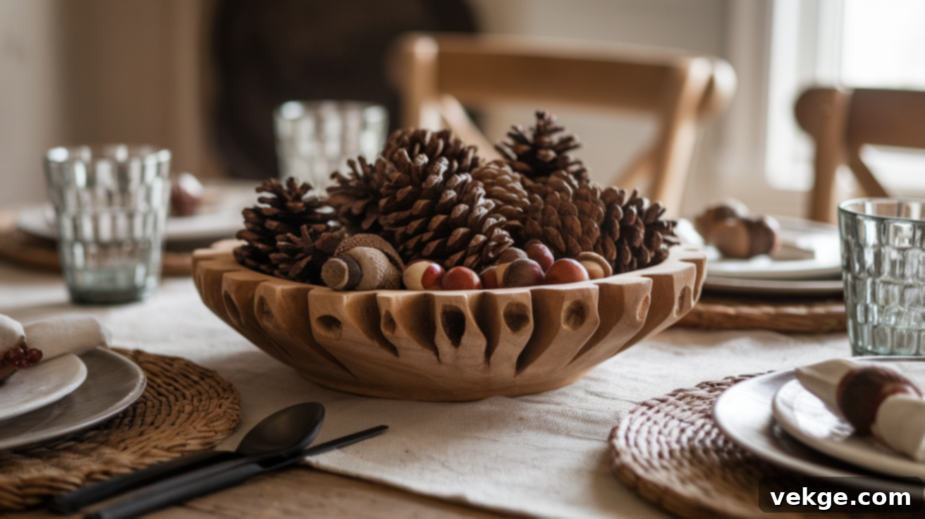 Natural Wooden Bowl Filled with Pinecones and Acorns