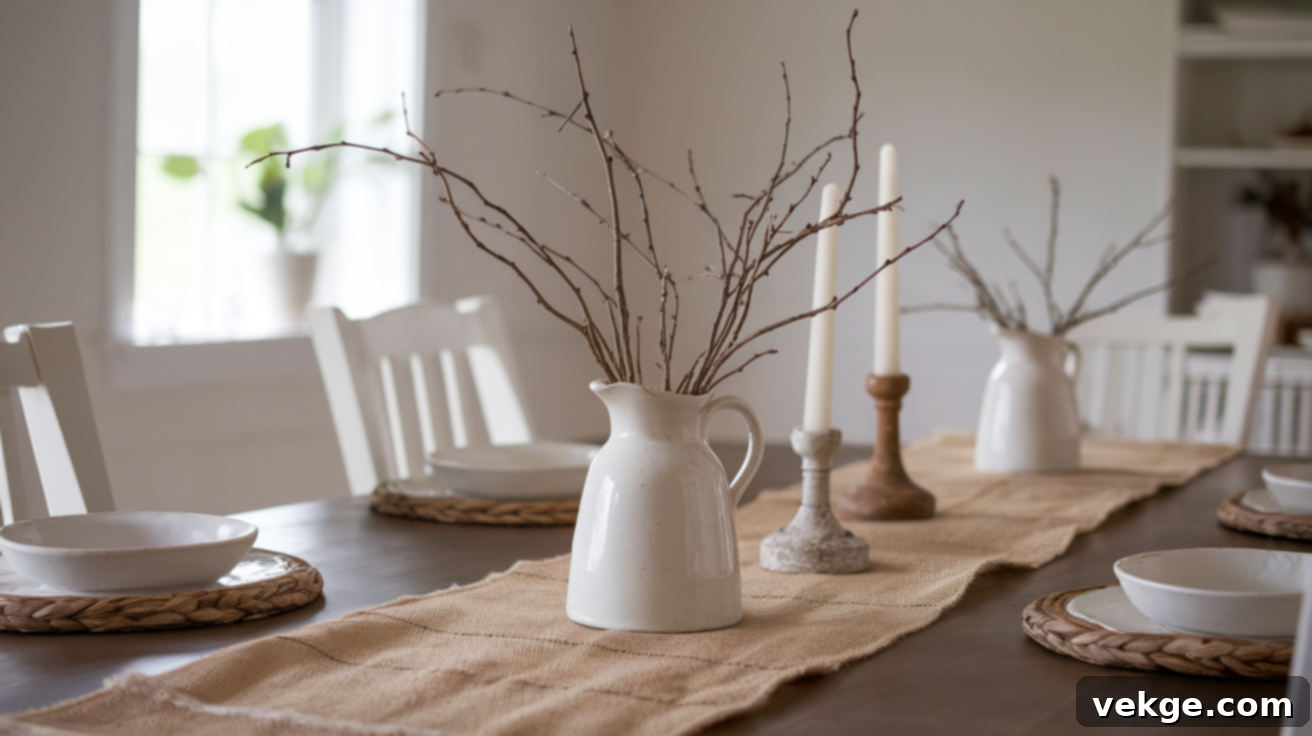Burlap Table Runner with White Ceramic Pitcher