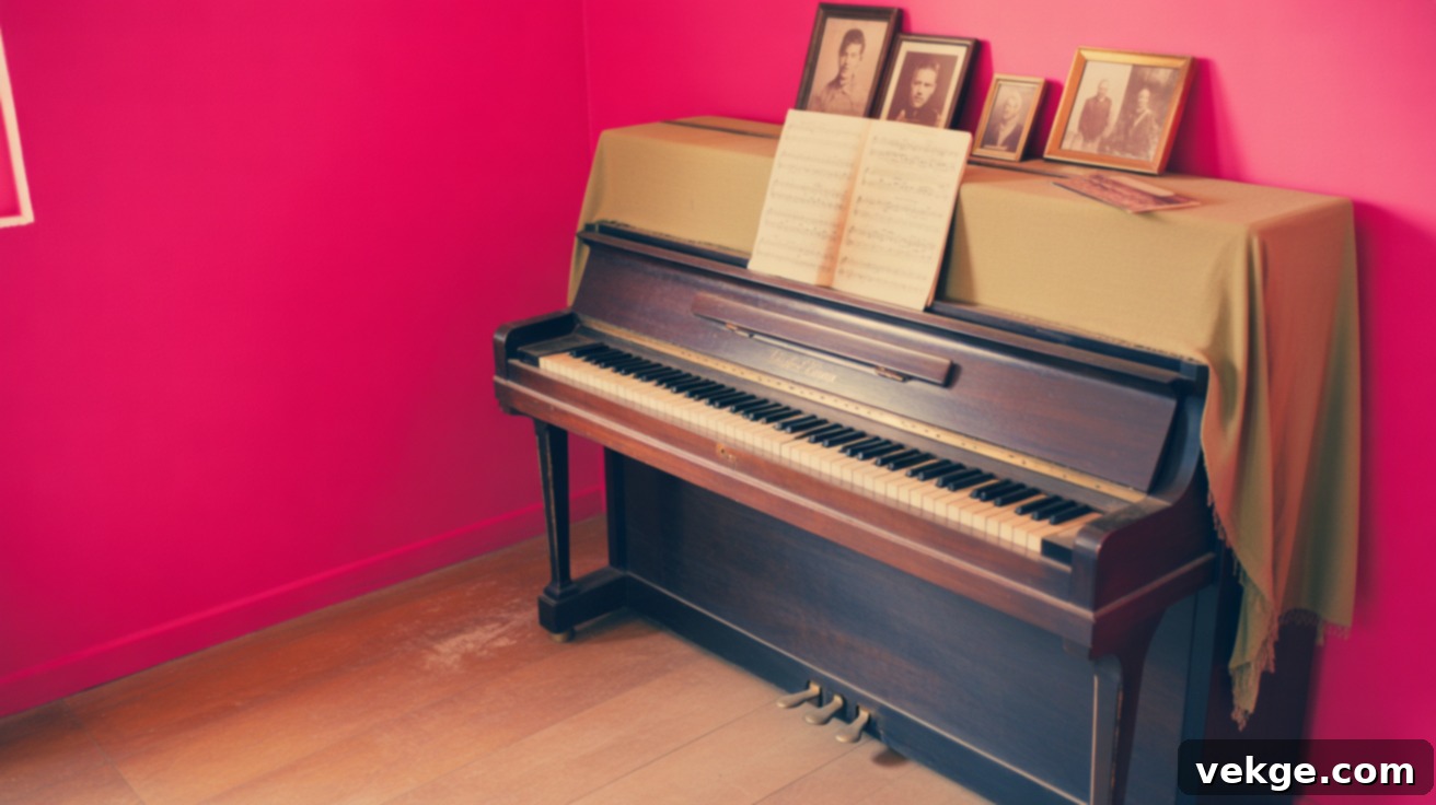 A neglected upright piano stands in a dim, unused room, covered in dust, symbolizing forgotten melodies and the passage of time.