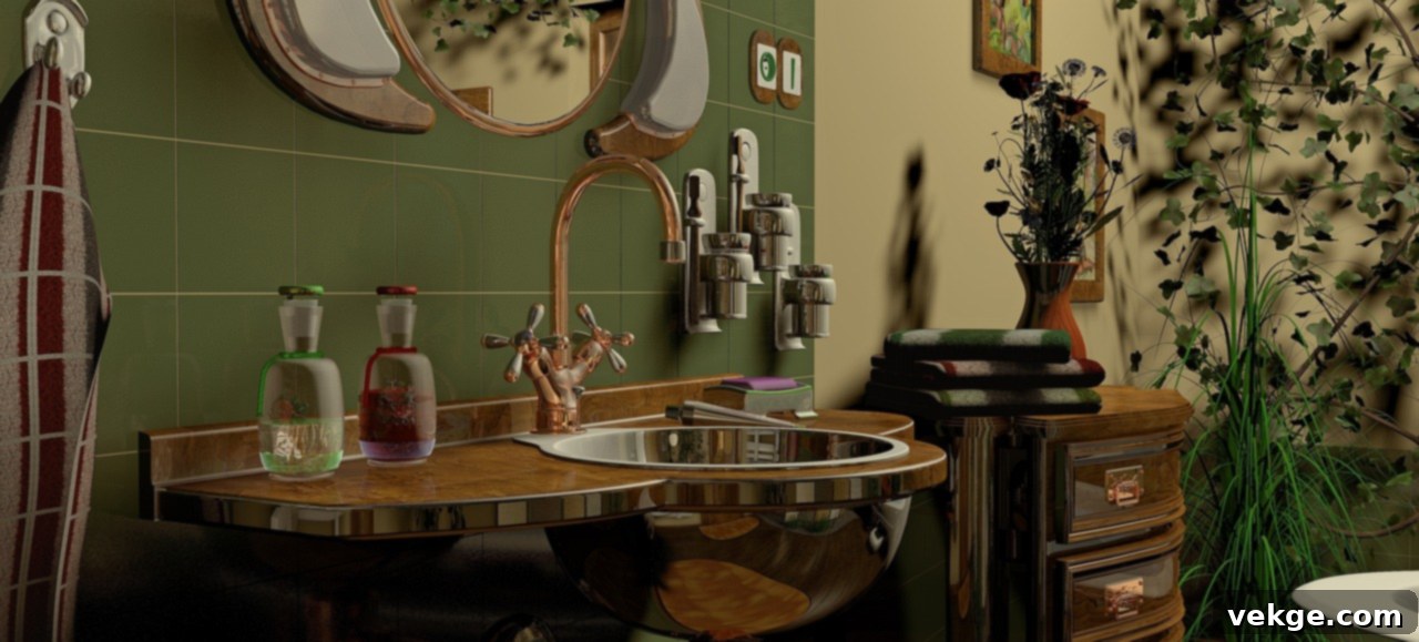 Luxurious bathroom with a large freestanding tub, elegant wooden stool, and a beautiful green plant, showcasing thoughtful accessory selection.