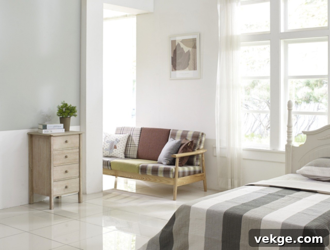 Serene bedroom with natural light, emphasizing emotional design and creating a tranquil retreat.