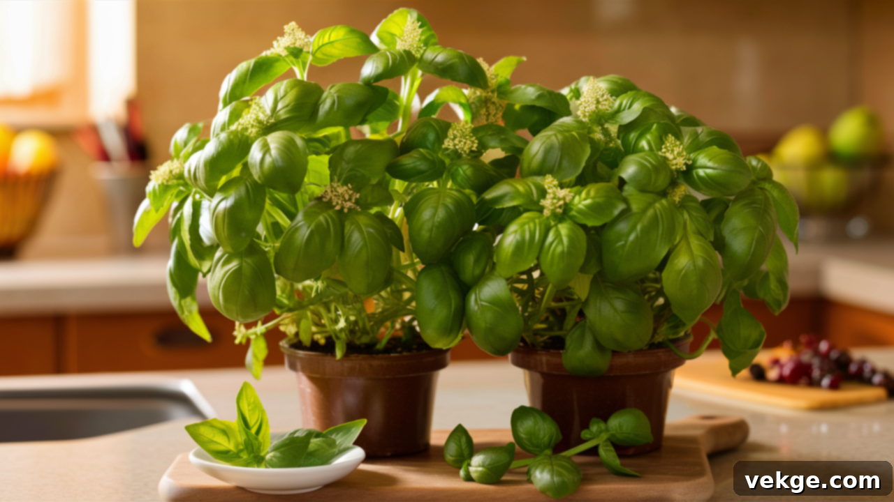 Basil plant in a pot, known for repelling flies and used in cooking.