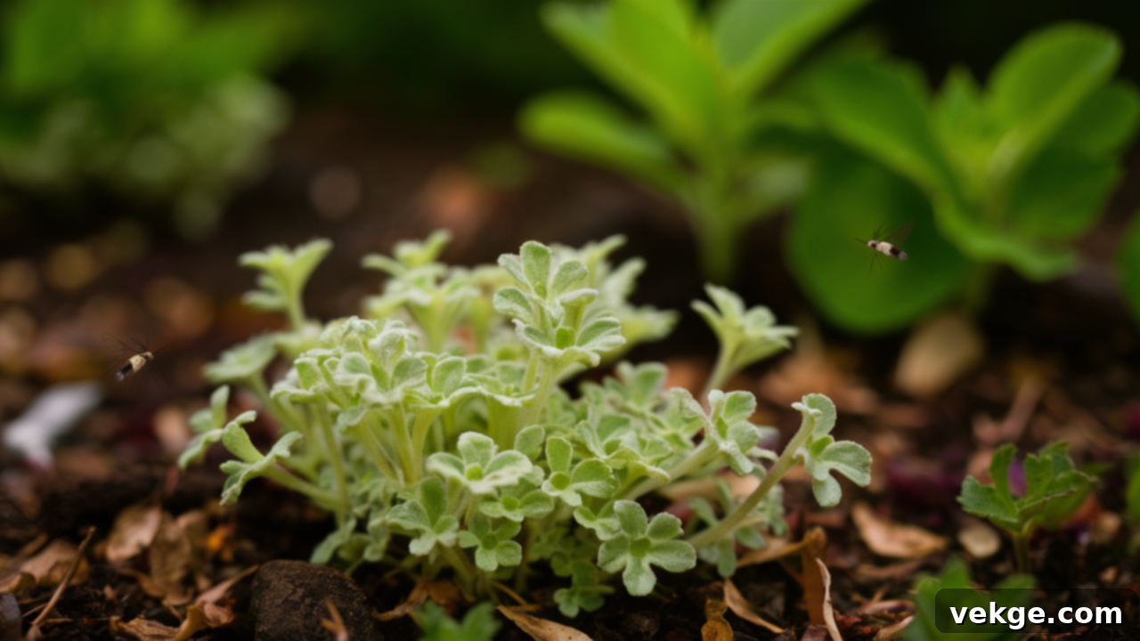 Ground cover of sweet woodruff with small white flowers and green leaves.