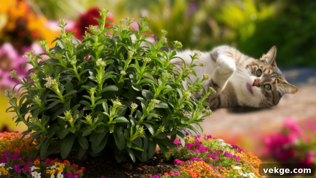 Catnip plant with soft green leaves, known for attracting cats and repelling flies.