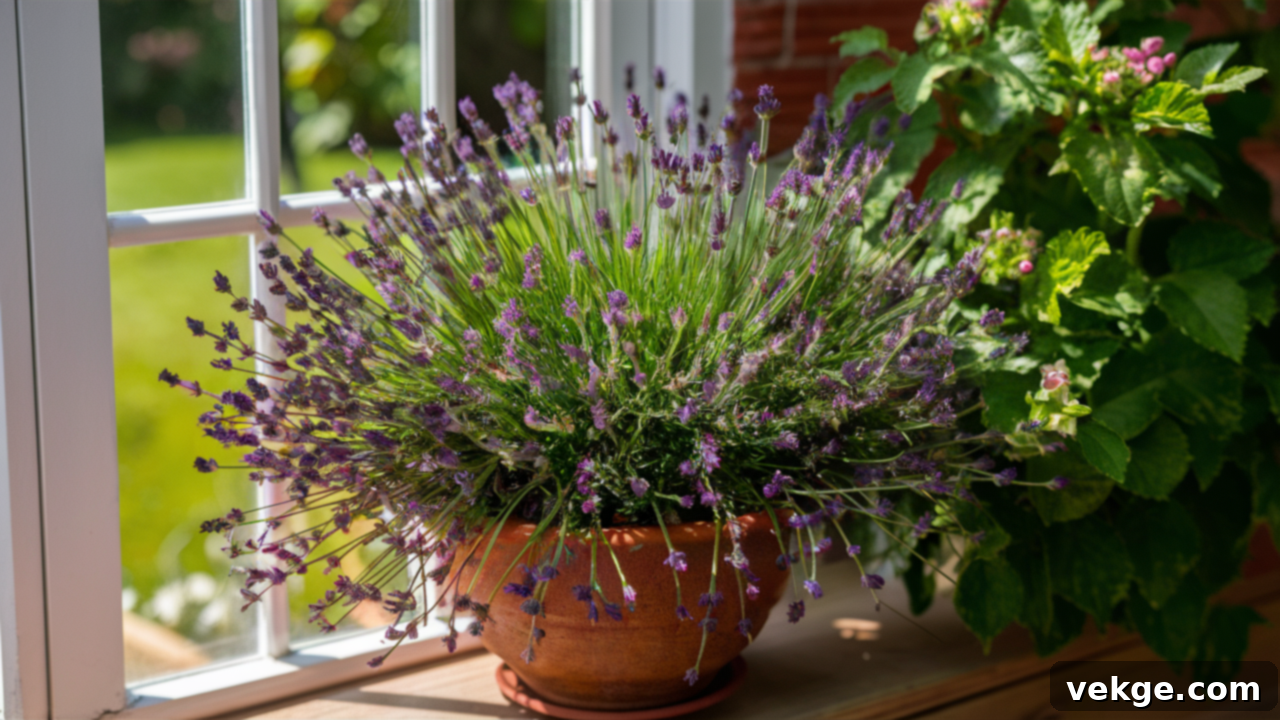 Vibrant lavender plant with purple flowers, known for its calming scent and fly-repelling properties.