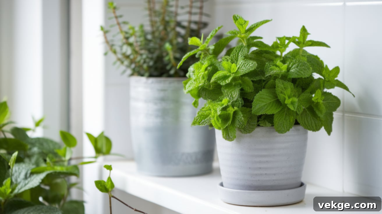 Fresh mint plant in a pot with green leaves, used as a fly repellent and culinary herb.