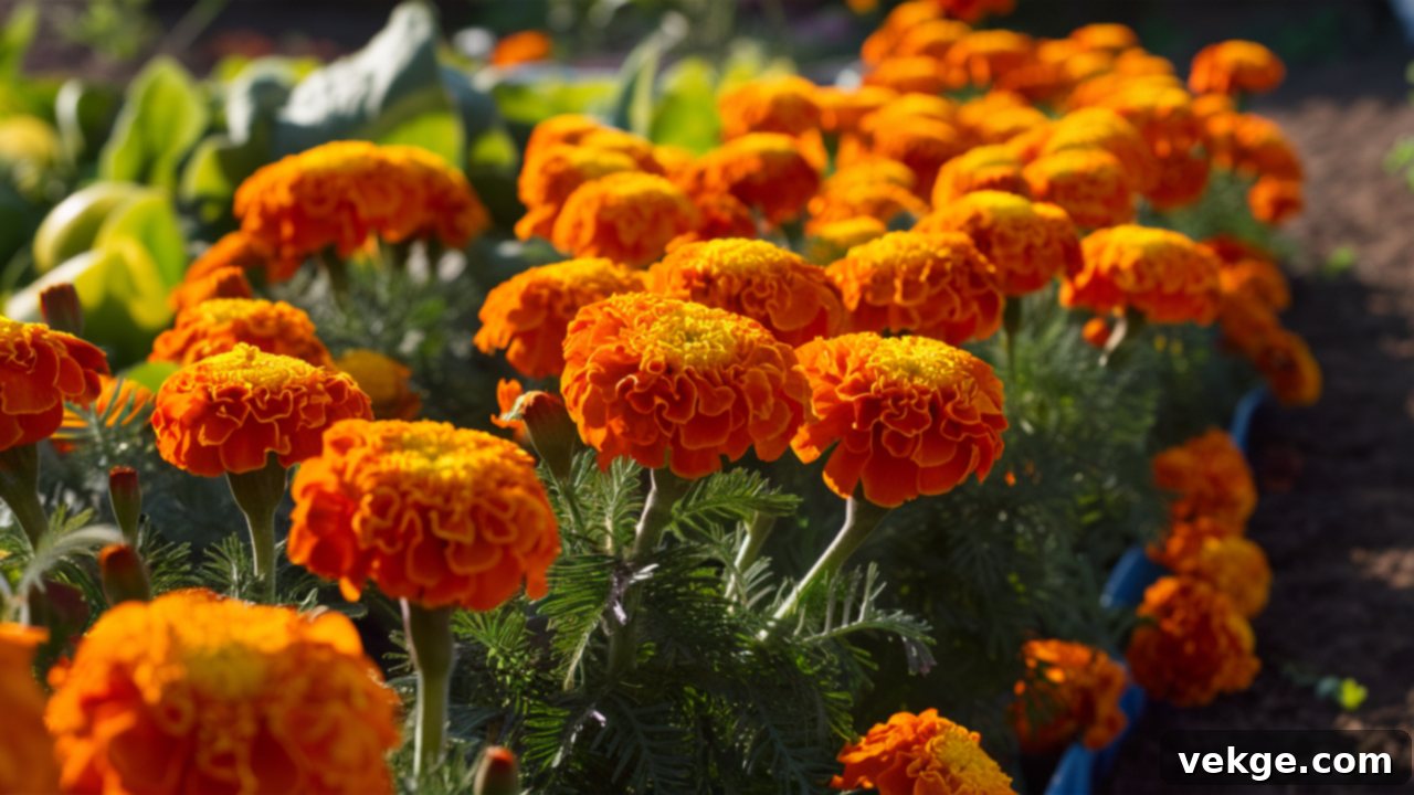Bright orange and yellow marigold flowers in a garden, known for repelling pests.
