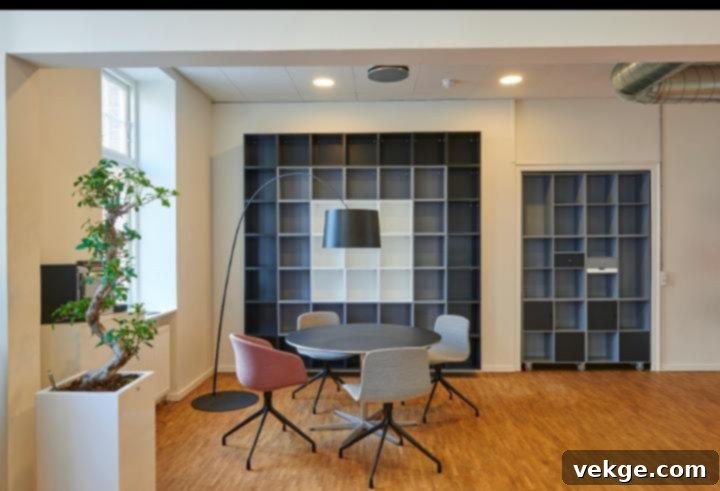 Flexible office space with modular furniture and movable partitions