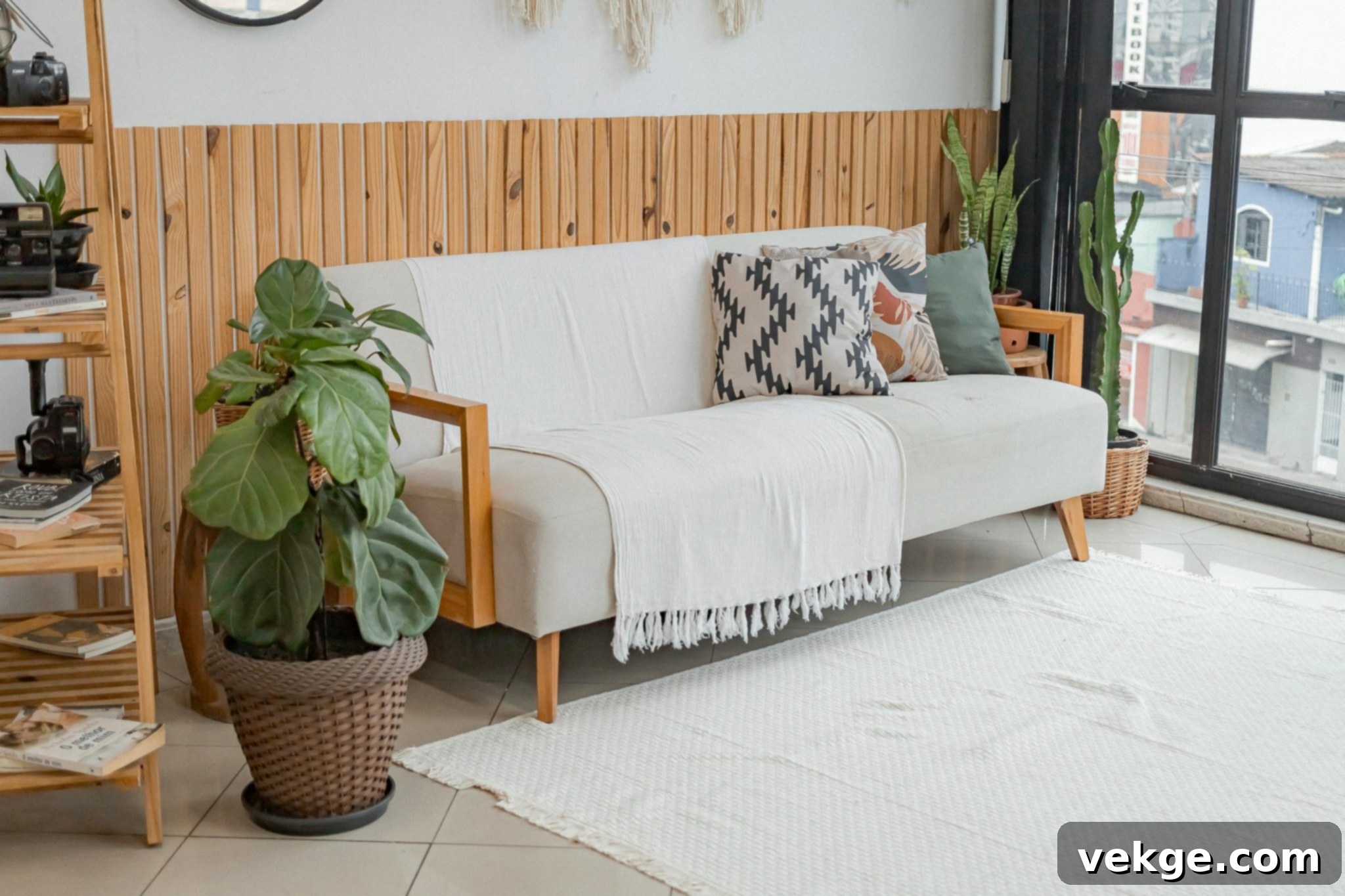 A serene living room featuring muted tones, a comfortable sofa, and tasteful decor, showcasing how color can ground a space.