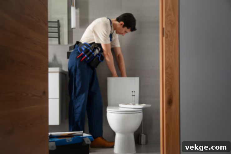 A person's hand wearing a protective glove inspecting the inside of a toilet tank, focusing on the flapper and fill valve components.