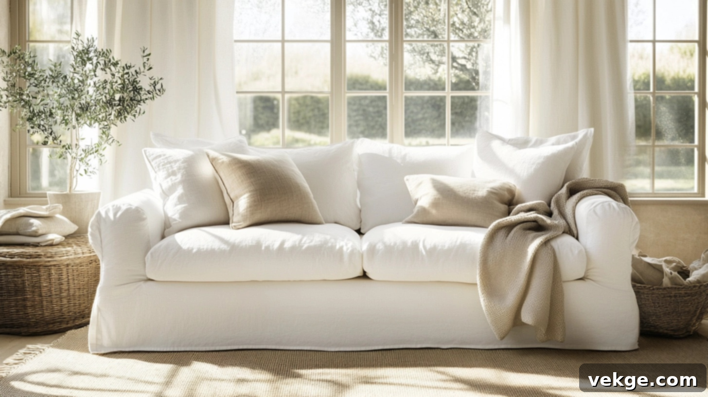 Soft linen slipcovered sofa in a farmhouse living room