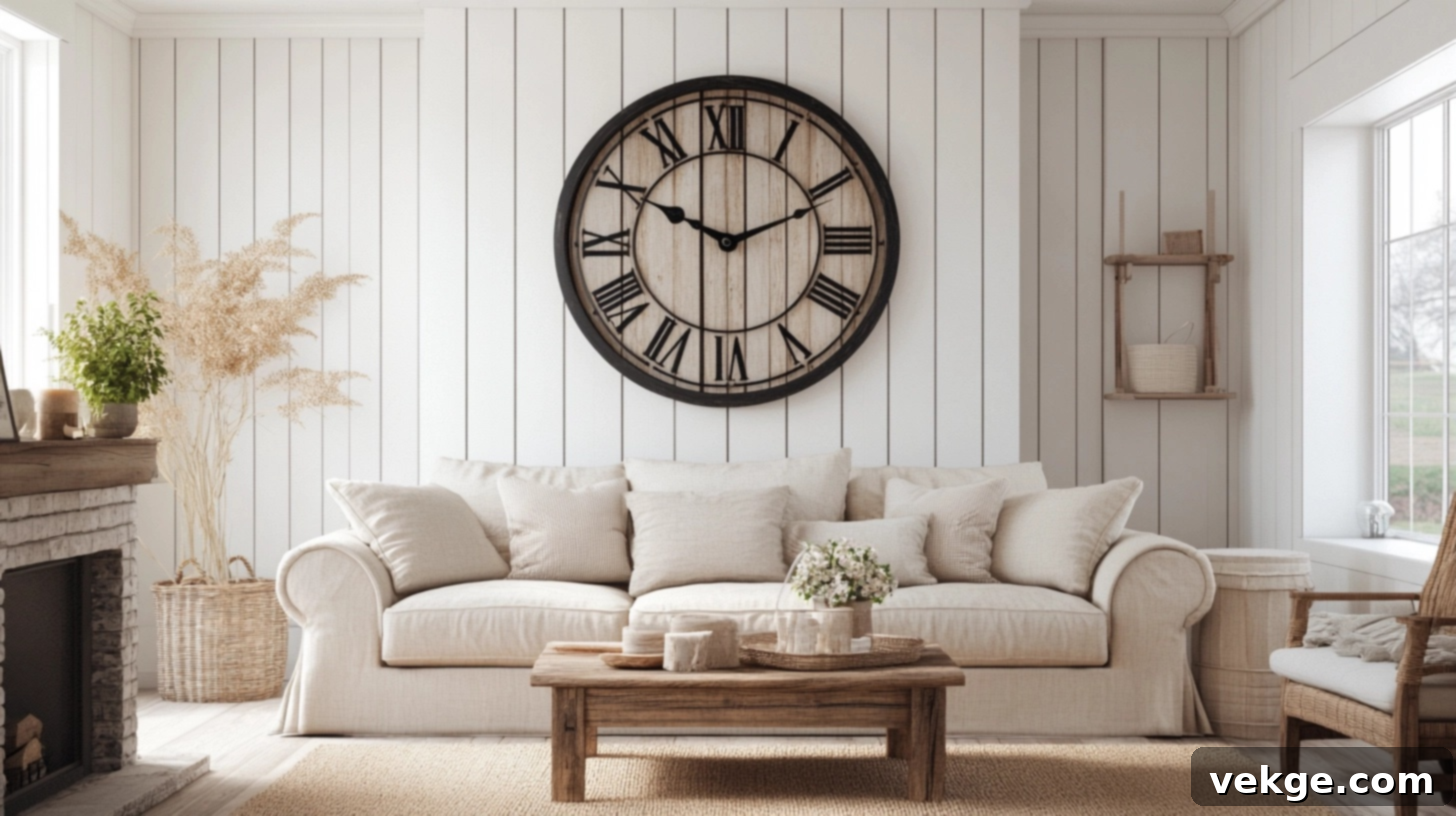 Oversized wall clock in a farmhouse living room