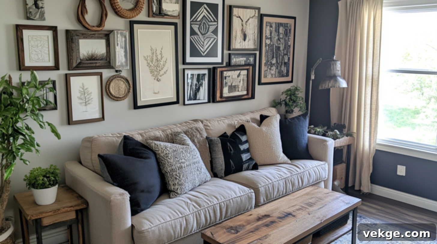 Gallery wall with mixed frames and personal photos