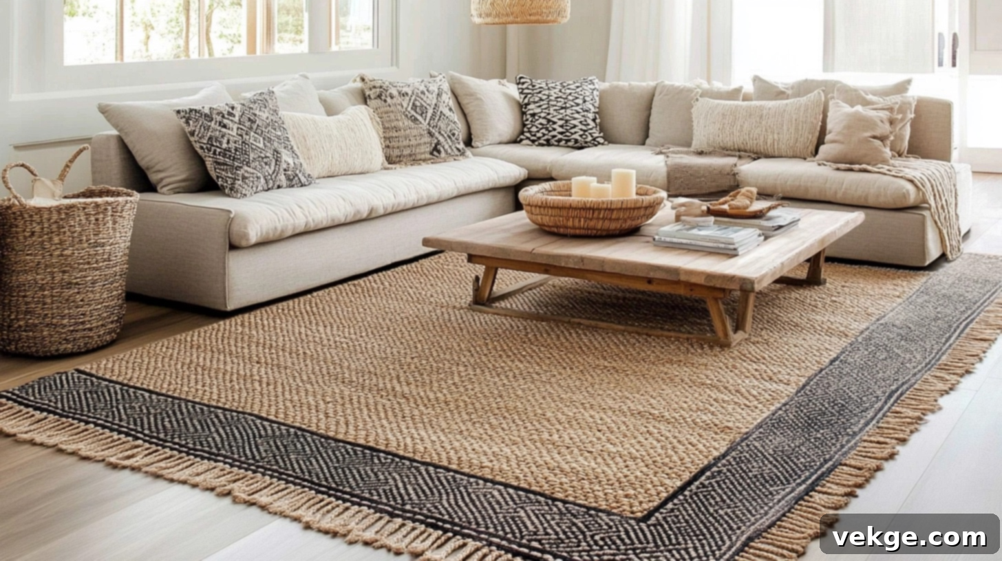Layered rugs in a farmhouse living room