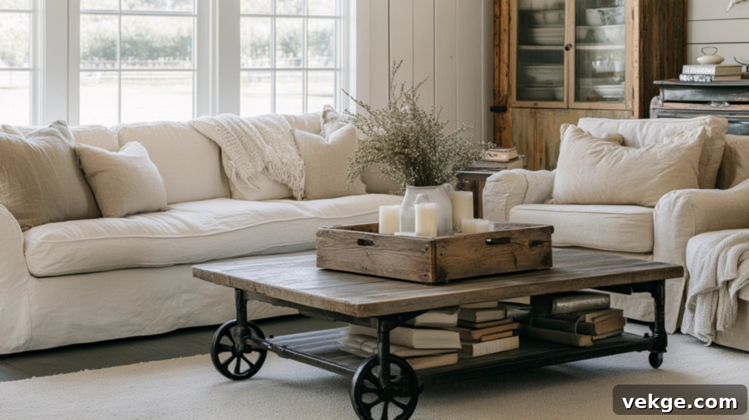 Vintage-inspired coffee table in a modern farmhouse living room