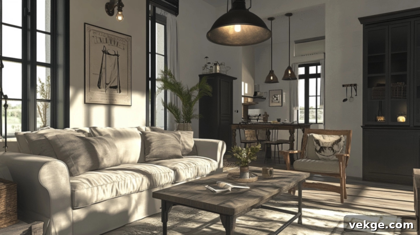 Industrial style pendant lights in a farmhouse living room