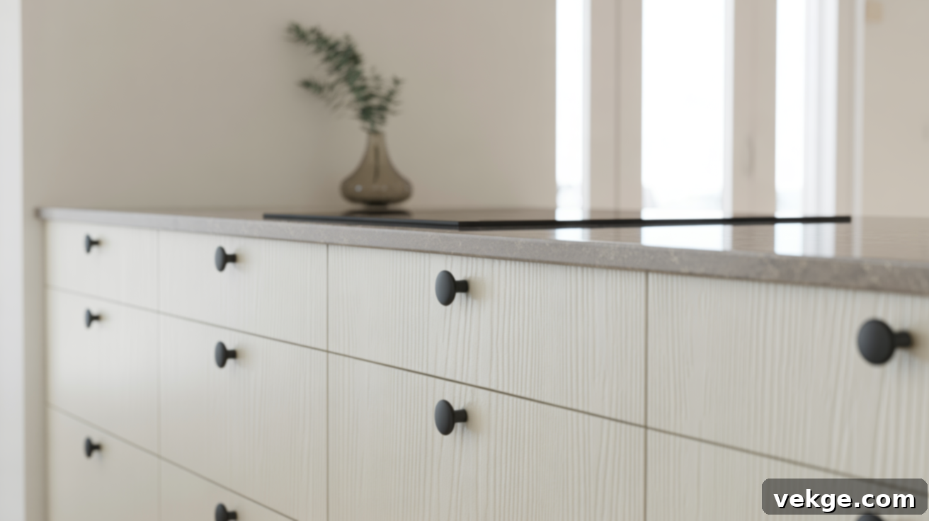 Matte Black Knobs on Textured Wood-Look White Cabinets