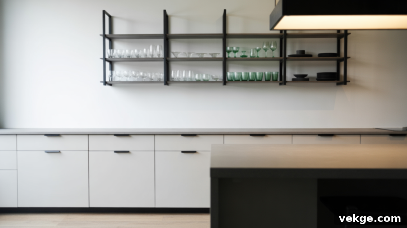 Minimal Kitchen with Black Metal Open Shelves