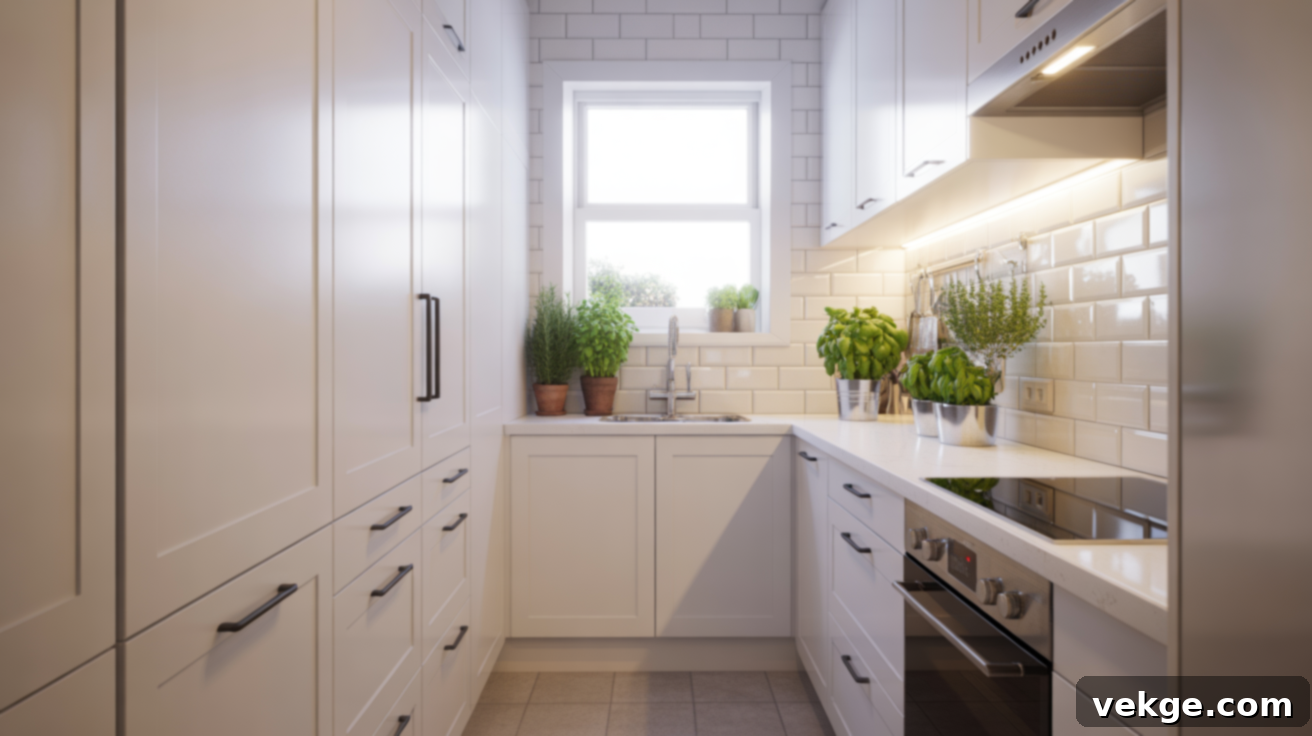 Small White Galley Kitchen with Black Bar Handles