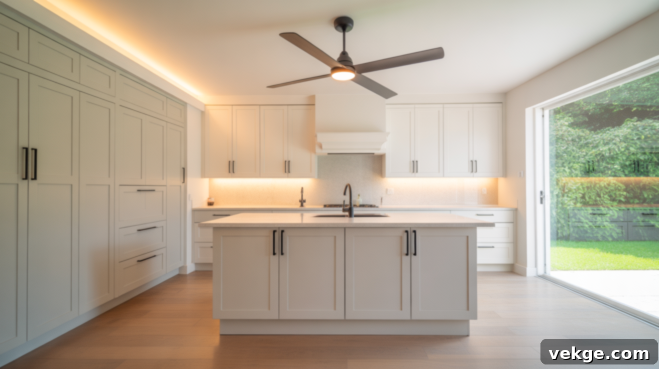 White Kitchen with a Matte Black Ceiling Fan