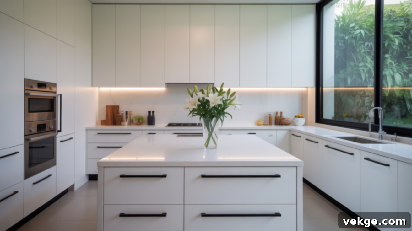 White Kitchen with Integrated Appliances and Bold Black Handles