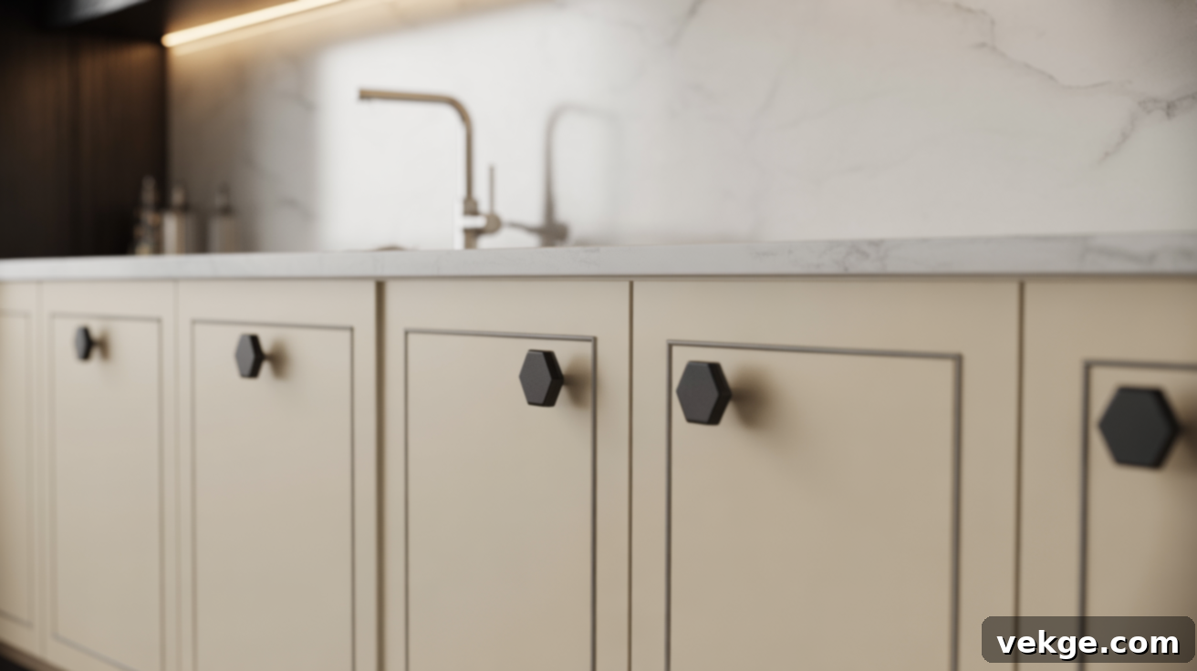 Crisp White Cabinets Paired with Hexagonal Black Knobs