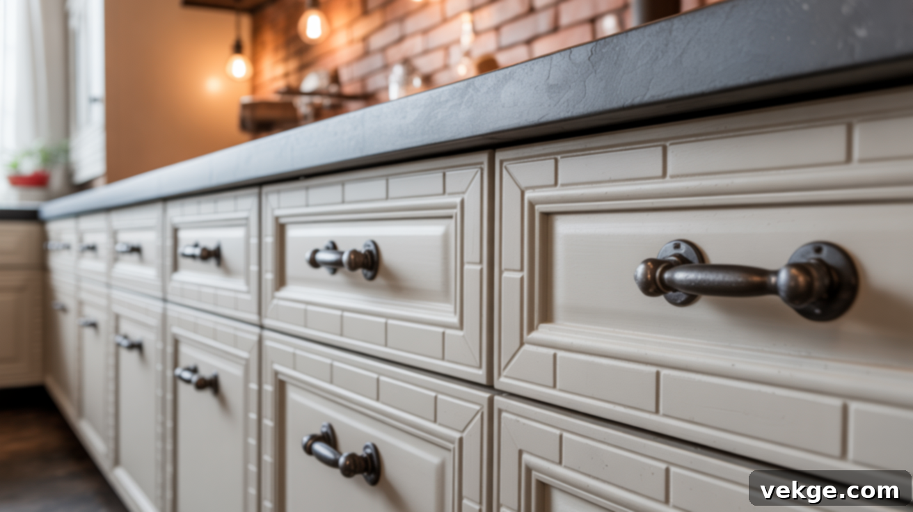 Industrial Kitchen with Black Iron Pulls on White Brick-Style Cabinets