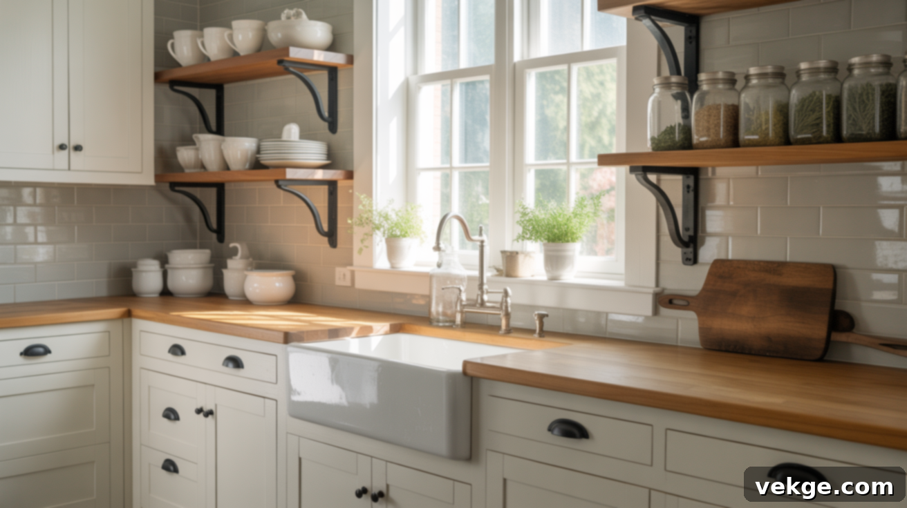 Farmhouse Kitchen with Black Cup Pulls and Exposed Shelves