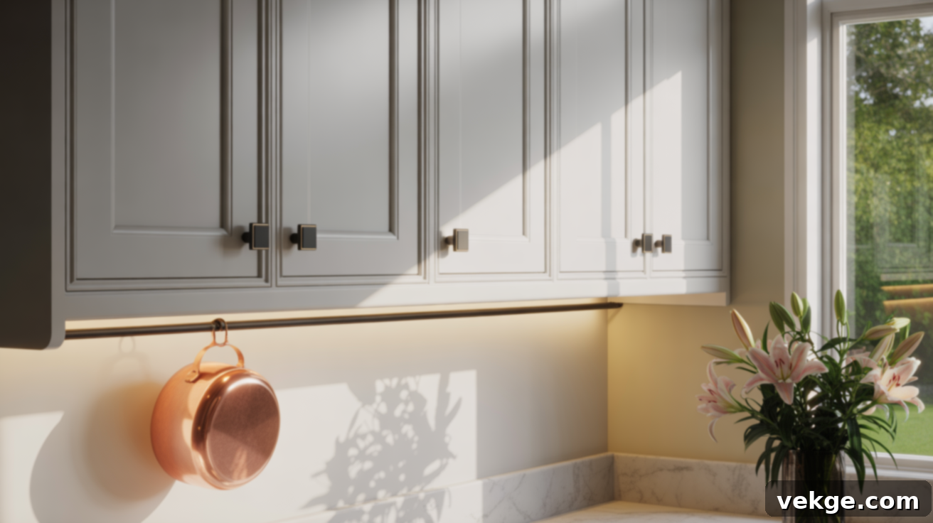 Beveled White Cabinetry with Square Black Knobs