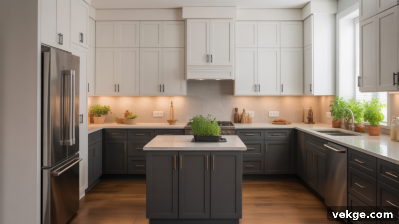 Two-tone Kitchen with Black Base Cabinets and White Uppers