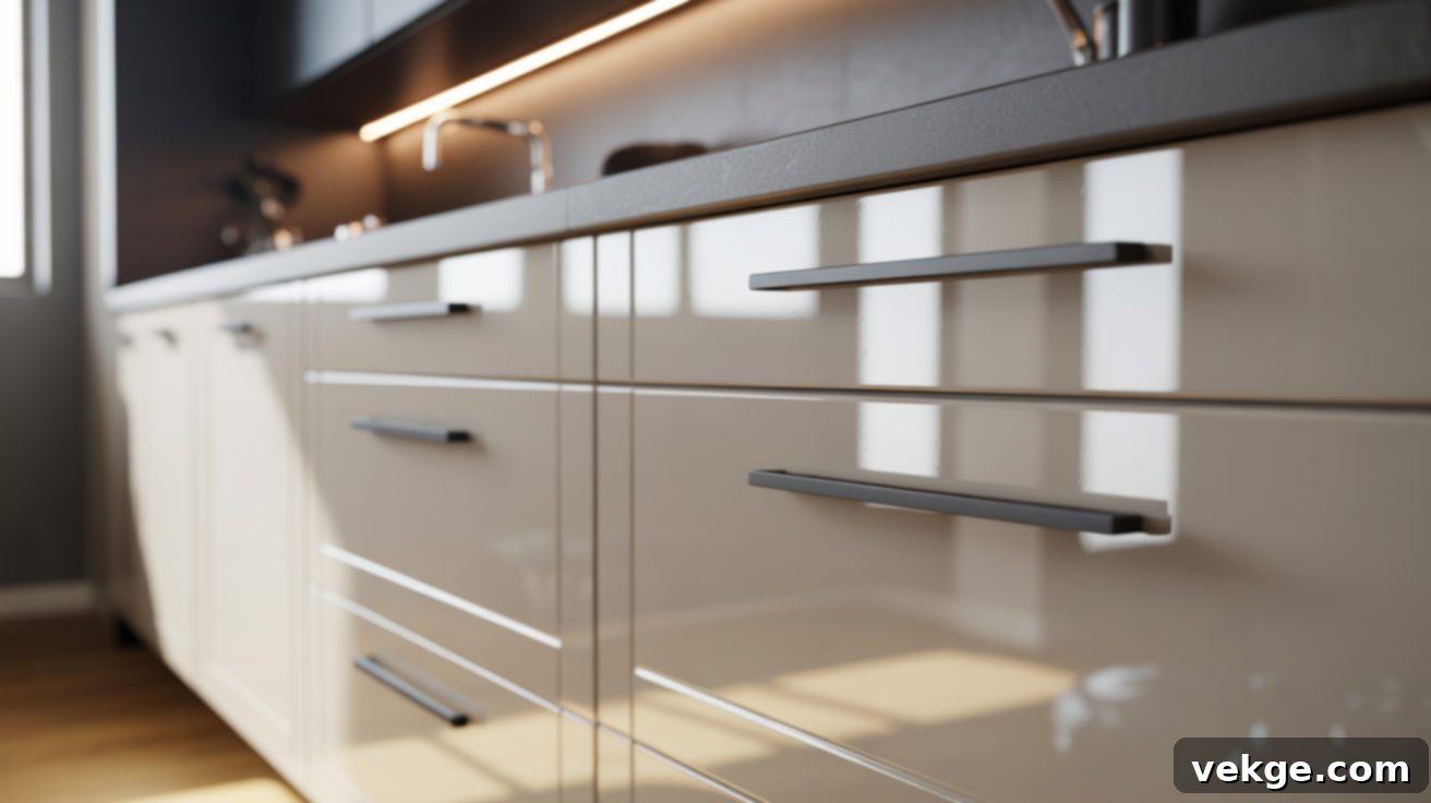 Glossy White Cabinets with Thin Matte Black Pulls