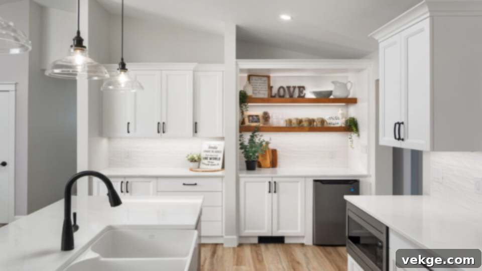 White Kitchen with Black Tap and Black String Pendant Lights