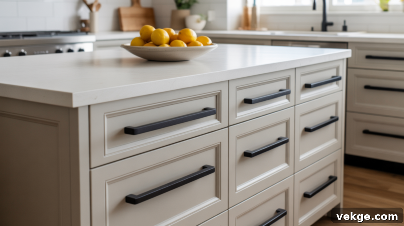 White Kitchen Island with Oversized Black Handles