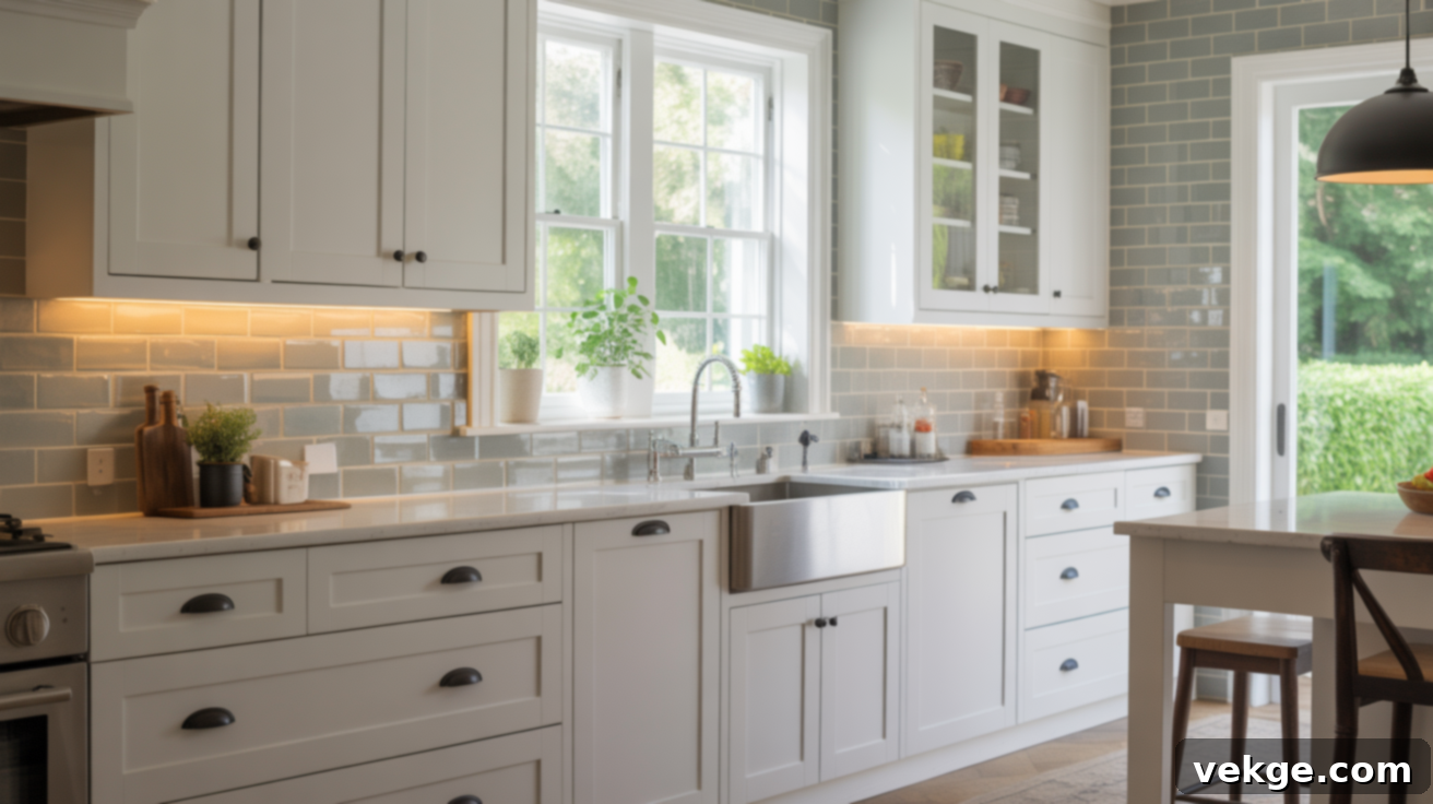 Subway Tile Backsplash with White Shaker Cabinets and Black Hardware