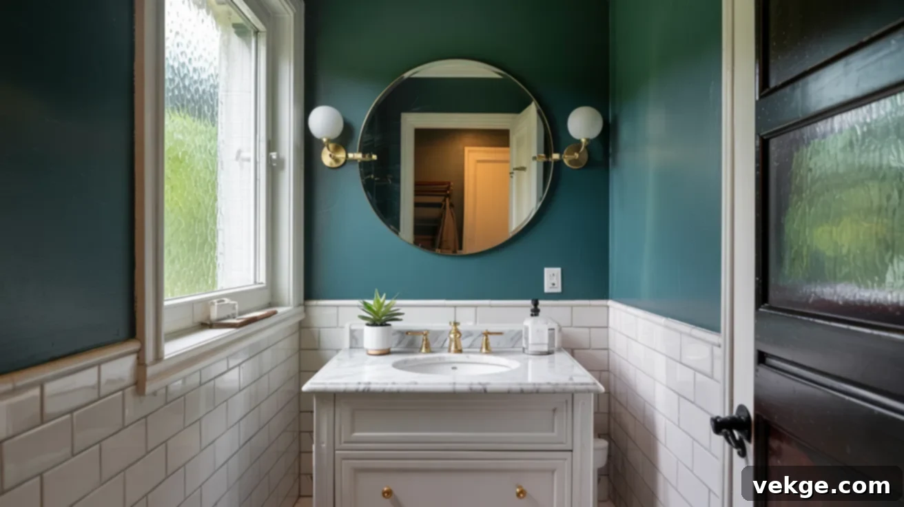 Bathroom with Benjamin Moore Salamander walls and white tiles