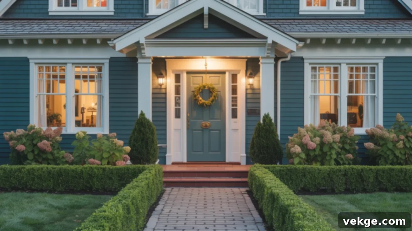 House exterior with Benjamin Moore Salamander front door and siding