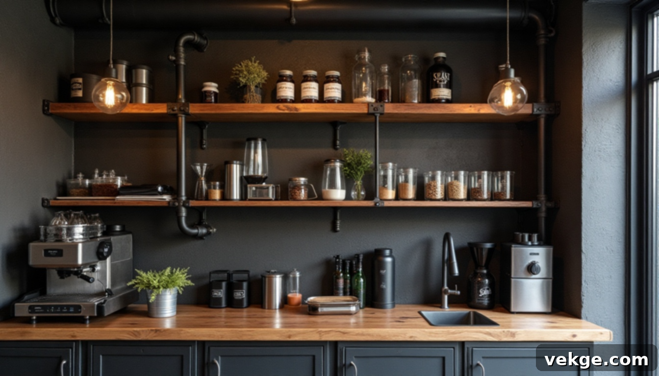 Industrial Coffee Bar with Metal and Reclaimed Wood
