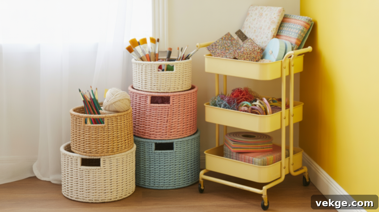 Stackable Baskets and Rolling Carts for Playroom Storage